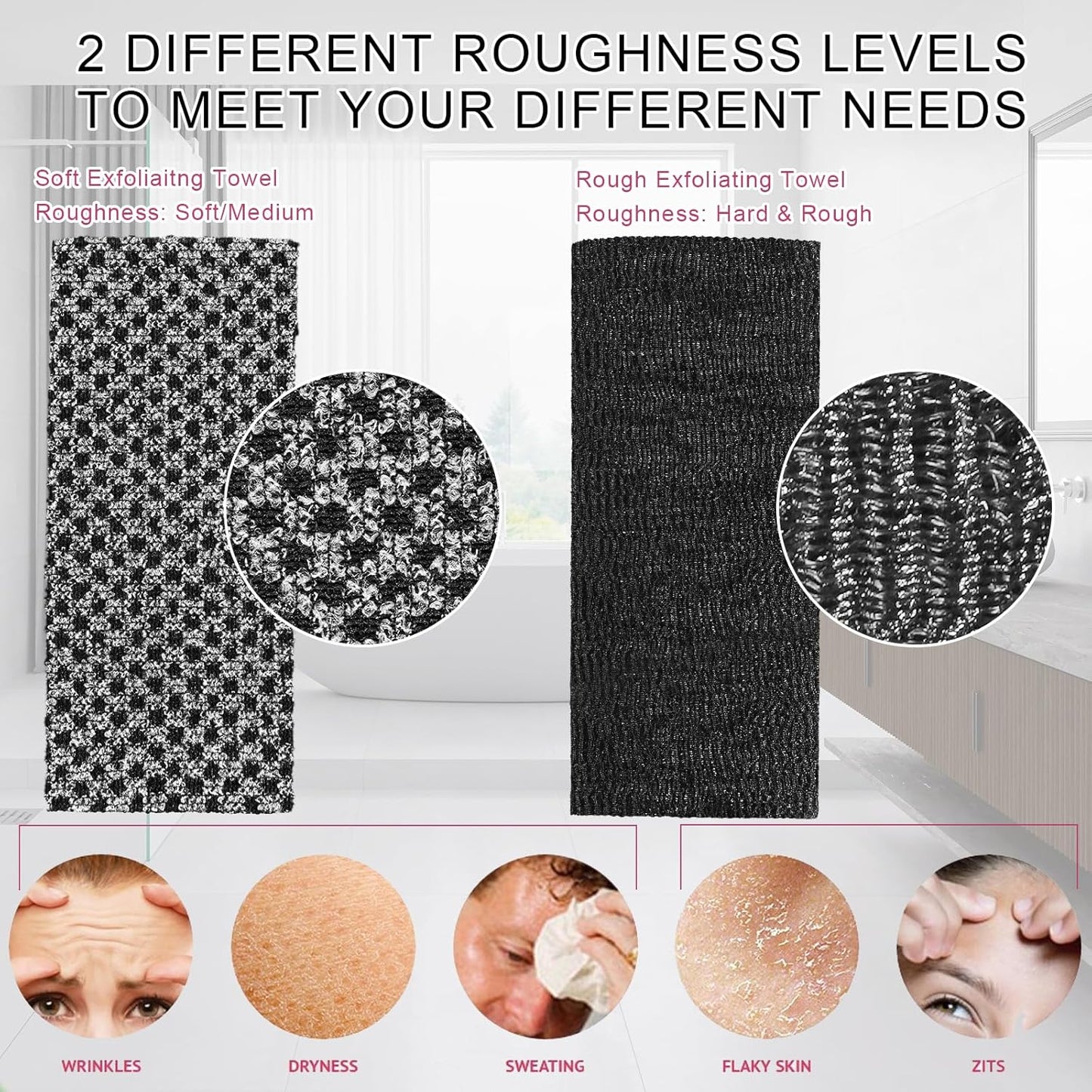 2 Pieces Exfoliating Washcloth Shower Towel African Net Sponge Japanese Wash Cloth Face Exfoliating Sponge Loofah Exfoliating Body Scrubber for Body Exfoliation (Black)