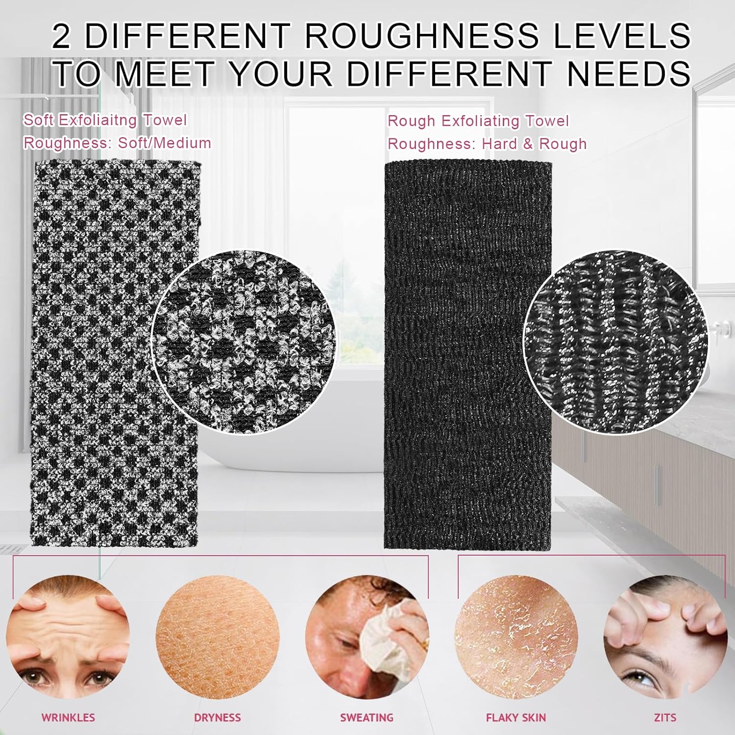2 Pieces Exfoliating Washcloth Shower Towel African Net Sponge Japanese Wash Cloth Face Exfoliating Sponge Loofah Exfoliating Body Scrubber for Body Exfoliation (Black)